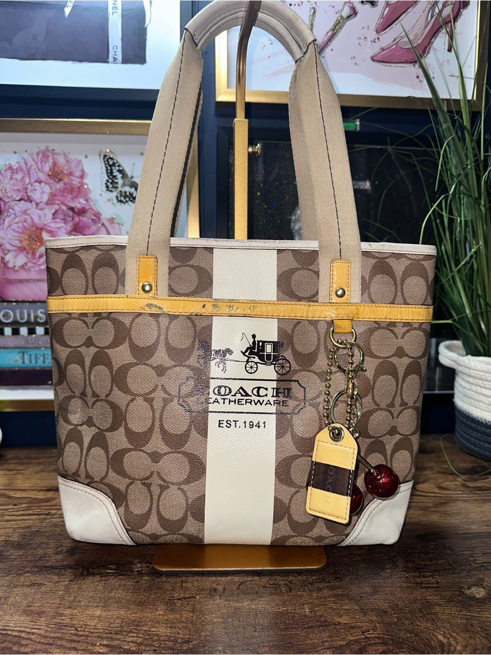 2007 vintage Coach Heritage Stripe signature canvas tote bag